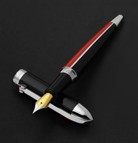Xezo Visionary Brass and Aluminum Fountain Pen, Fine Nib. Hand-Lacquered in Red and Black. Numbered in Limited Edition of 500. Classic Art Deco Color Disposition, Retrofuturistic Body Style in Saudi Arabia