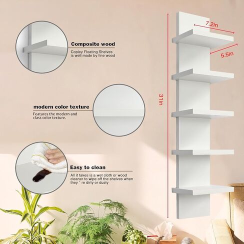 5 Tier Wall Shelves - White Vertical Book Shelf for Wall Storage, Modern Floating Shelves for Bedroom Living Room Vanity in Saudi Arabia