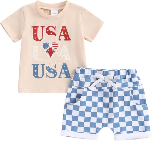 4th of July Baby Boy Outfit Toddler Boys Summer 2PCS Sets American Flag Print Tops Elastic Casual Shorts Set in Saudi Arabia