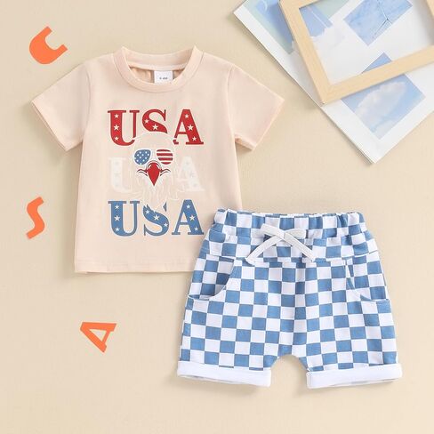 4th of July Baby Boy Outfit Toddler Boys Summer 2PCS Sets American Flag Print Tops Elastic Casual Shorts Set in Saudi Arabia