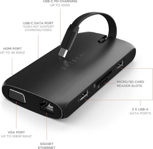 Satechi USB C Hub Multiport Adapter, USB C Docking Station 9 in 1, 4K HDMI, 100W USB C PD Charging, USB C Data, 2 USB-A, GbE, Micro/SD Card Readers, VGA, for MacBook, Windows - Black in Saudi Arabia