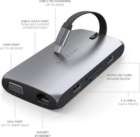 Satechi USB C Hub Multiport Adapter, USB C Docking Station 9 in 1, 4K HDMI, 100W USB C PD Charging, USB C Data, 2 USB-A, GbE, Micro/SD Card Readers, VGA, for MacBook, Windows - Black in Saudi Arabia