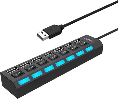 موزع USB متعدد المنافذ، 7 في 1 منفذ USB 2.0 مع مفاتيح تشغيل/إيقاف فردية عالية السرعة ومصابيح LED وموسع منفذ USB (7 منافذ USB) in Kuwait
