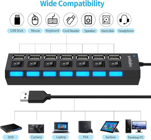 موزع USB متعدد المنافذ، 7 في 1 منفذ USB 2.0 مع مفاتيح تشغيل/إيقاف فردية عالية السرعة ومصابيح LED وموسع منفذ USB (7 منافذ USB) in Kuwait