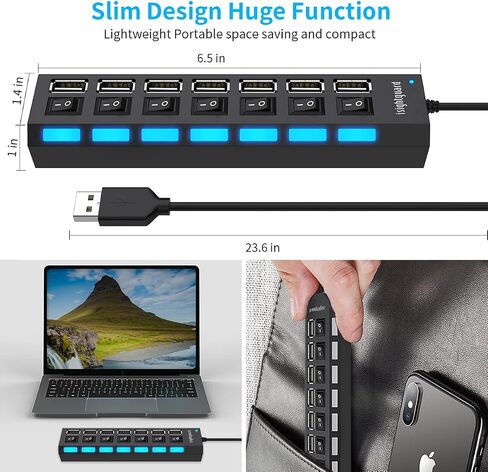 موزع USB متعدد المنافذ، 7 في 1 منفذ USB 2.0 مع مفاتيح تشغيل/إيقاف فردية عالية السرعة ومصابيح LED وموسع منفذ USB (7 منافذ USB) in Kuwait