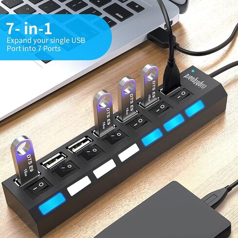 موزع USB متعدد المنافذ، 7 في 1 منفذ USB 2.0 مع مفاتيح تشغيل/إيقاف فردية عالية السرعة ومصابيح LED وموسع منفذ USB (7 منافذ USB) in Kuwait