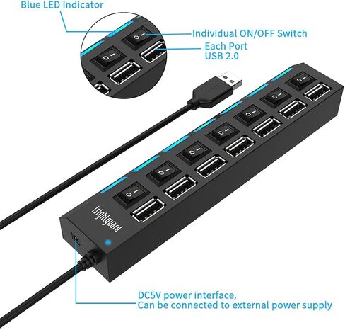 موزع USB متعدد المنافذ، 7 في 1 منفذ USB 2.0 مع مفاتيح تشغيل/إيقاف فردية عالية السرعة ومصابيح LED وموسع منفذ USB (7 منافذ USB) in Kuwait
