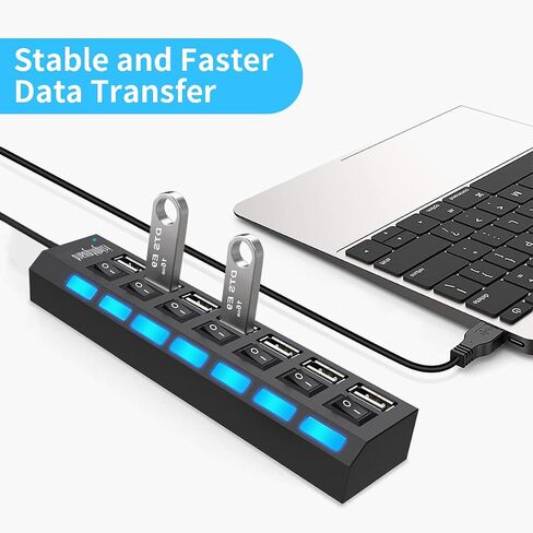 موزع USB متعدد المنافذ، 7 في 1 منفذ USB 2.0 مع مفاتيح تشغيل/إيقاف فردية عالية السرعة ومصابيح LED وموسع منفذ USB (7 منافذ USB) in Kuwait
