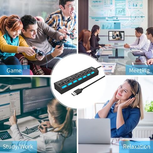 موزع USB متعدد المنافذ، 7 في 1 منفذ USB 2.0 مع مفاتيح تشغيل/إيقاف فردية عالية السرعة ومصابيح LED وموسع منفذ USB (7 منافذ USB) in Kuwait