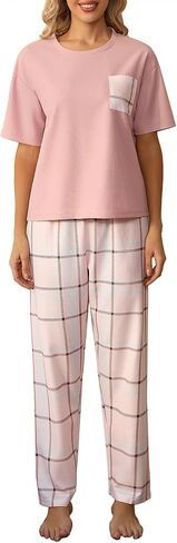 XULEN Women Pajamas Sets Short Sleeve Tee Top and Plaid Print Pants Set Loungewear Sleepwear Pj Sets in Saudi Arabia