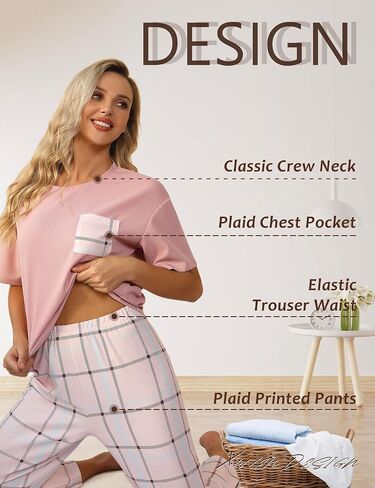 XULEN Women Pajamas Sets Short Sleeve Tee Top and Plaid Print Pants Set Loungewear Sleepwear Pj Sets in Saudi Arabia