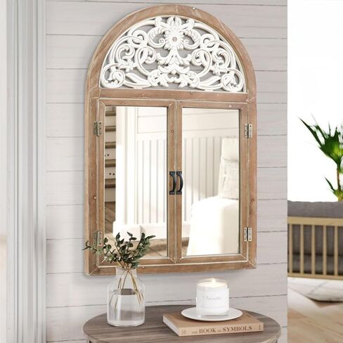 Uaeoo Arched Window Mirror,Wooden Mirror Wall Decor,Large Farmhouse Decorative Wall Mirror,Cathedral Mirror for Entryway,Vanity,Living Room,Bedroom and Bathroom Decor in Saudi Arabia
