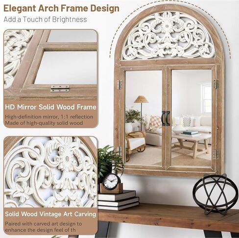 Uaeoo Arched Window Mirror,Wooden Mirror Wall Decor,Large Farmhouse Decorative Wall Mirror,Cathedral Mirror for Entryway,Vanity,Living Room,Bedroom and Bathroom Decor in Saudi Arabia