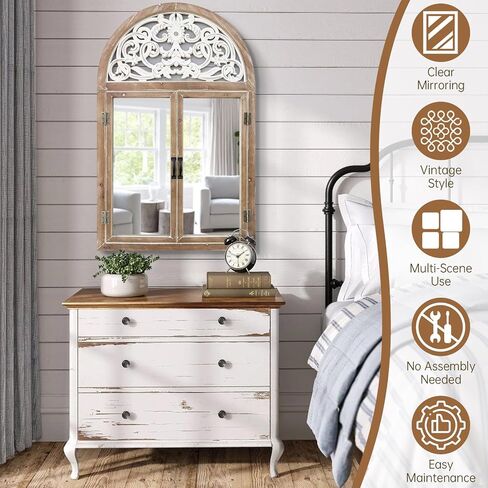 Uaeoo Arched Window Mirror,Wooden Mirror Wall Decor,Large Farmhouse Decorative Wall Mirror,Cathedral Mirror for Entryway,Vanity,Living Room,Bedroom and Bathroom Decor in Saudi Arabia