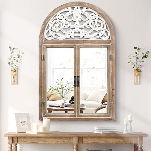 Uaeoo Arched Window Mirror,Wooden Mirror Wall Decor,Large Farmhouse Decorative Wall Mirror,Cathedral Mirror for Entryway,Vanity,Living Room,Bedroom and Bathroom Decor in Saudi Arabia