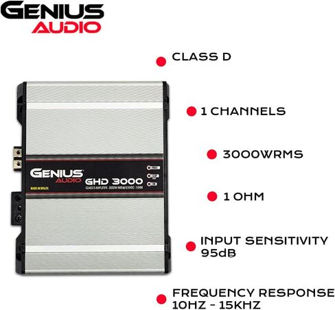 Genius Audio GHD-3000 مضخم صوت مدمج كامل المدى للسيارة قطعة واحدة 3000 واط-RMS Class-D 1-Ohm Stable Bass Boost مبرد ذكي in Kuwait