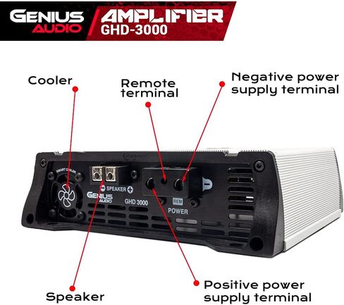 Genius Audio GHD-3000 مضخم صوت مدمج كامل المدى للسيارة قطعة واحدة 3000 واط-RMS Class-D 1-Ohm Stable Bass Boost مبرد ذكي in Kuwait