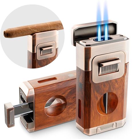 Woodronic Cigar Lighter with V-Cut Cigar Cutter and Cigar Holder, Refillable Dual Jet Lighter Without Butane, Lightweight and Windproof, Cigar Gift for Men, Brown in Saudi Arabia