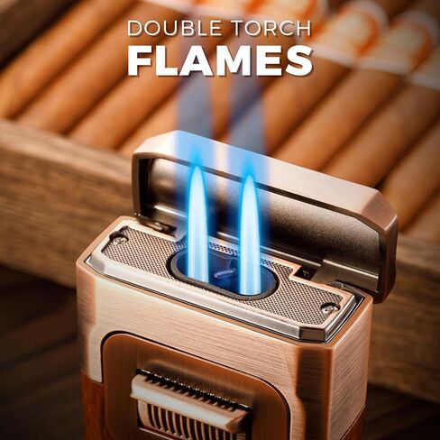 Woodronic Cigar Lighter with V-Cut Cigar Cutter and Cigar Holder, Refillable Dual Jet Lighter Without Butane, Lightweight and Windproof, Cigar Gift for Men, Brown in Saudi Arabia
