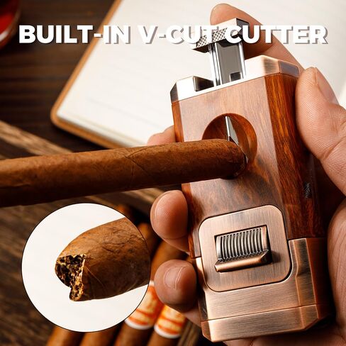 Woodronic Cigar Lighter with V-Cut Cigar Cutter and Cigar Holder, Refillable Dual Jet Lighter Without Butane, Lightweight and Windproof, Cigar Gift for Men, Brown in Saudi Arabia