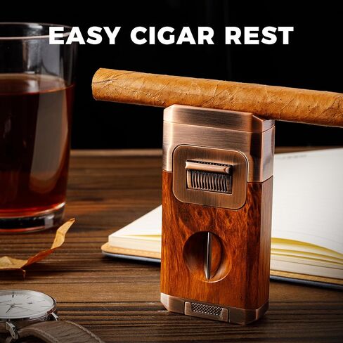 Woodronic Cigar Lighter with V-Cut Cigar Cutter and Cigar Holder, Refillable Dual Jet Lighter Without Butane, Lightweight and Windproof, Cigar Gift for Men, Brown in Saudi Arabia