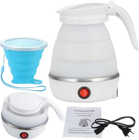 Travel Collapsible Electric Kettle with Collapsible Cup - Portable Foldable Small Electric Kettle with Quick Boiling Water Tech, BPA Free, 110V Voltage, US Plug, 600ML (White & Blue) in Saudi Arabia