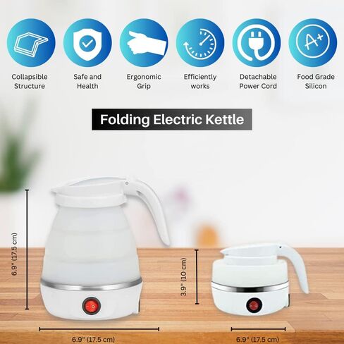 Travel Collapsible Electric Kettle with Collapsible Cup - Portable Foldable Small Electric Kettle with Quick Boiling Water Tech, BPA Free, 110V Voltage, US Plug, 600ML (White & Blue) in Saudi Arabia