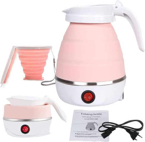 Travel Collapsible Electric Kettle with Collapsible Cup - Portable Foldable Small Electric Kettle with Quick Boiling Water Tech, BPA Free, 110V Voltage, US Plug, 600ML (White & Blue) in Saudi Arabia