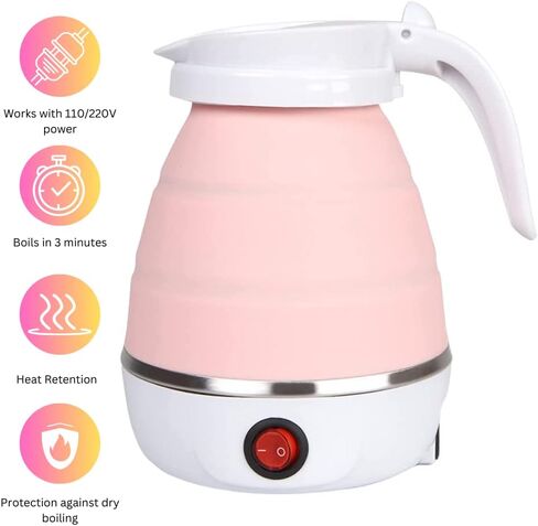 Travel Collapsible Electric Kettle with Collapsible Cup - Portable Foldable Small Electric Kettle with Quick Boiling Water Tech, BPA Free, 110V Voltage, US Plug, 600ML (White & Blue) in Saudi Arabia