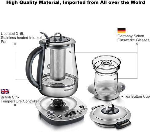 Buydeem K2973 ماكينة تحضير الشاي والمشروبات الصحية الرائدة وغلاية، 8 في 1 طباخ المشروب الرئيسي القابل للبرمجة، 1.5 لتر (0.396 جالون)، فضي in Kuwait