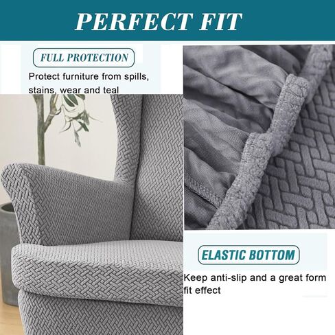 HFCNMY Wingback Chair Slipcover, 2 Piece Stretch Jacquard Wingback Chair Covers Thick Wing Back Chair Covers with Arms Wing Chair Slipcover Wing Back Chair Cover with Elastic Bottom Blue in Kuwait
