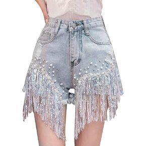 Aniywn Women High Waisted Jeans Shorts Lightweight Fashion Summer Fringed Ripped Wide Leg Jeans Short Pants with Pockets in Saudi Arabia