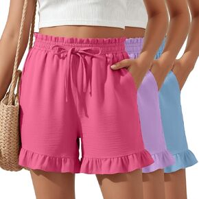 Yooo's Vivi 3 Pack Girls Paperbag Waist Shorts Ruffled High Elastic Waist Drawstring Casual Shorts with Pockets 5-14 Years in Kuwait