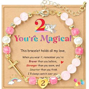 Birthday Number Cross Bracelet for Girls Ages 1-8, Strawberry Quartz & Pearl Beaded Bracelet with Gold-tone Cross & Heart Number, Adjustable Clasp Bracelet, Silver Gift Box in Kuwait