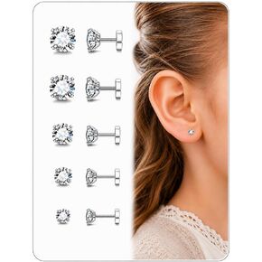 Flat Back Earrings for Girls, 5 Pairs Hypoallergenic 316L Surgical Steel CZ Stud Earrings for Sensitive Ears, 20G Screw Back Sleep Earrings for Toddlers & Kids, 2-6mm in Kuwait