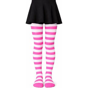 Children's Striped Tights, Neon Pink and White, Knit Nylon, Full Length, Stretchy, 40 Denier, Girls in Saudi Arabia