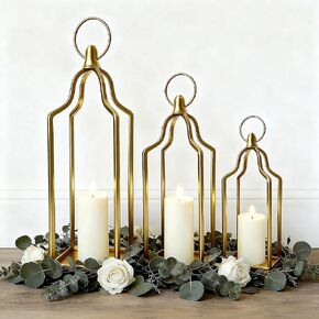 Rustic Farmhouse Decor Metal Lantern Set of 3 Decorative Lanterns for Home Indoor Outdoor Living Room, Fireplace, Patio, Wedding & Kitchen Table Centerpieces (Gold, 16.9"+14.5"+12.2") in Saudi Arabia