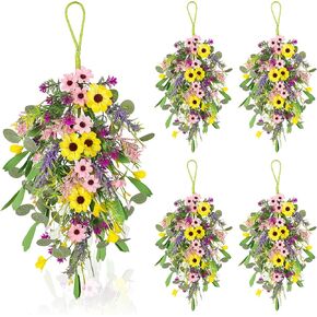 4 Pcs Spring Swags for Front Door, 23.6" Artificial Floral Teardrop Swags with Sunflowers Daisies Lavender, Spring Porch Decor Swag for Farmhouse Wall Window Cabinet Easter Decorations in Saudi Arabia