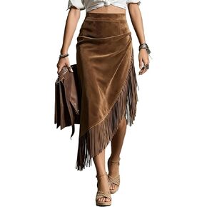 Midi Skirts for Women Faux Suede Asymmetrical Fringe Midi Skirts Western Cowgirl Outfits in Saudi Arabia