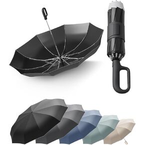 Windproof Travel Umbrella for Rain and sun, Rain & Sun 2-in-1 with Black Lining (UPF 50+), 54 Inch Reverse Folding Umbrella with Auto-Clasp Strap, Reflective Trim for Night Safety, Auto-Close, for Travel, Women, Men, Fits Backpack & Cars (Black) in Saudi Arabia