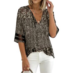 V Neck Blouses for Women Dressy 3/4 Sleeve Mesh Tees Shirts Summer Loose Business Work Casual Top in Saudi Arabia