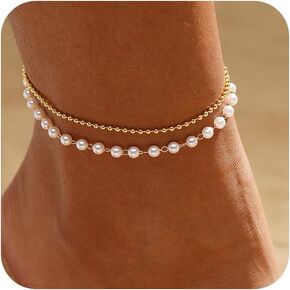 ASCOMY Ankle Bracelets for Women 14K Gold/Silver Plated Anklets for Women Waterproof Layered Cute Beads Dot Shining Twist Rope Chain Pearl Bar Link Heart Anklets Summer Beach Foot Chain Jewelry Gifts in Kuwait