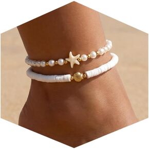 Fesciory Shell Ankle Bracelets for Women, Gold Plated Boho Anklet Set with Pearl Beads Starfish Conch Seashell, Adjustable Summer Beach Hawaiian Foot Jewelry Gift in Kuwait
