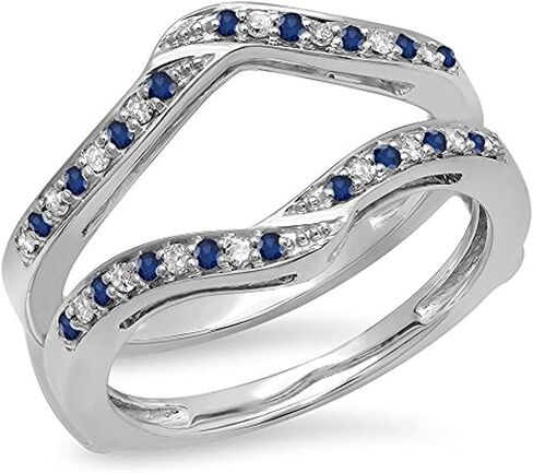 Round Cut Blue Sapphire & Diamond Ladies Anniversary Band Enhancer Guard Double Ring 14K White Gold Plated .925 Sterling Silver in Kuwait