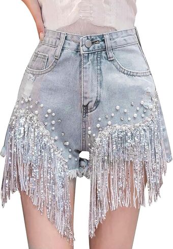 Aniywn Women High Waisted Jeans Shorts Lightweight Fashion Summer Fringed Ripped Wide Leg Jeans Short Pants with Pockets in Kuwait