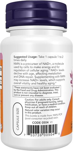 Now Supplements، NMN 250 مجم، مكمل النيكوتيناميد أحادي النوكليوتيد، يدعم إنتاج NAD+ والشيخوخة الصحية*، كبسولات نباتية، 60 قطعة in Kuwait