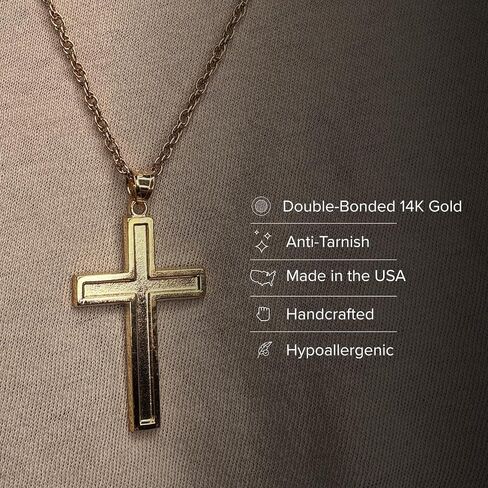 CROSS + CROWN Premium 14K Yellow Gold Cross Pendant, Durable Double-Bonded 14K Pendant for Necklace, Women & Mens Polished Gold Cross for Chain, Handcrafted Religious Jewelry in the USA, XXL in Kuwait