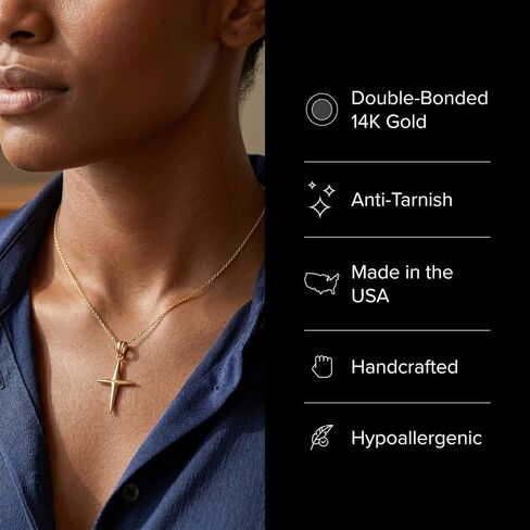 CROSS + CROWN Premium Slim 14K Yellow Gold Cross Pendant, Durable Double-Bonded 14K Pendant for Necklace, Women & Mens Slim Gold Cross for Chain, Handcrafted Religious Jewelry in the USA in Kuwait