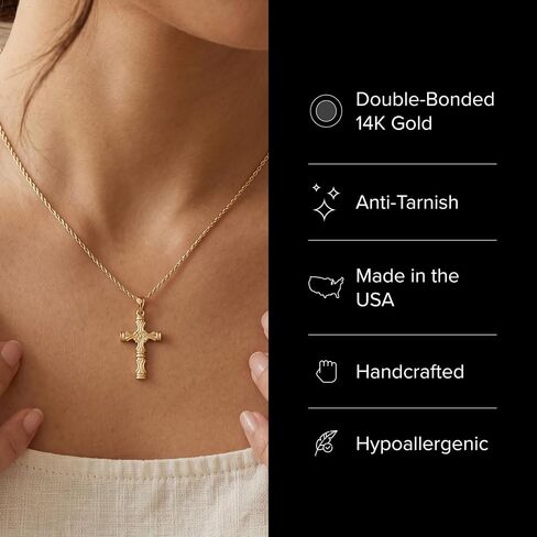 CROSS + CROWN Premium 14K Yellow Gold Cross Pendant in Regal Scroll Design, Durable Double-Bonded 14K Pendant for Necklace, Women & Mens Gold Cross for Chain, Handcrafted Religious Jewelry in the USA in Kuwait