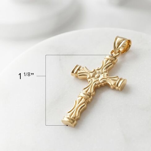 CROSS + CROWN Premium 14K Yellow Gold Cross Pendant in Regal Scroll Design, Durable Double-Bonded 14K Pendant for Necklace, Women & Mens Gold Cross for Chain, Handcrafted Religious Jewelry in the USA in Kuwait